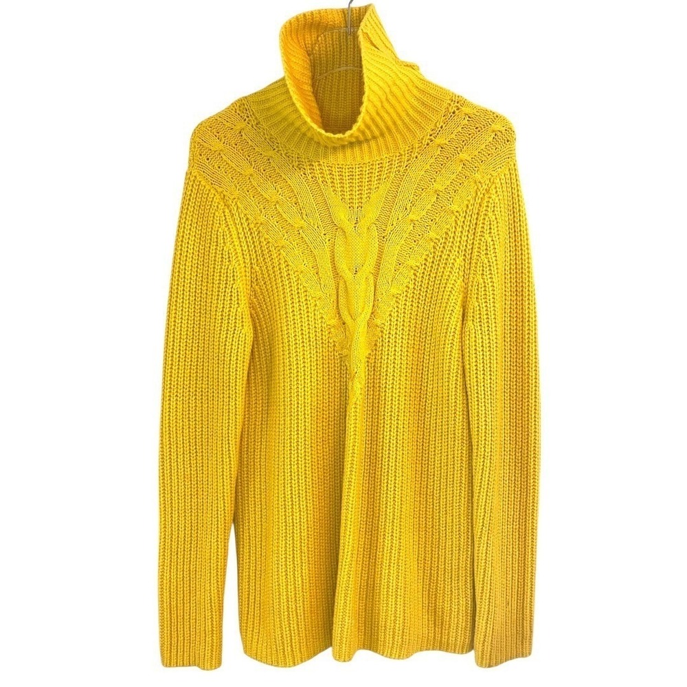 Lands' End Turtleneck Sweater Womens M Yellow Excellent Cable Knit Chunky Cotton - Picture 4 of 10
